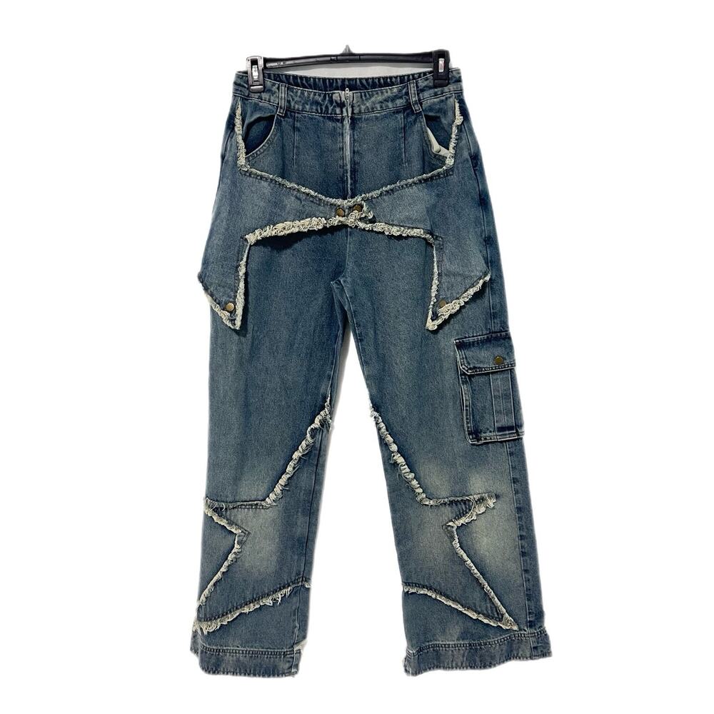 Aelfric Eden Women's Dark Blue Distressed Star Patch Wide Leg Jeans